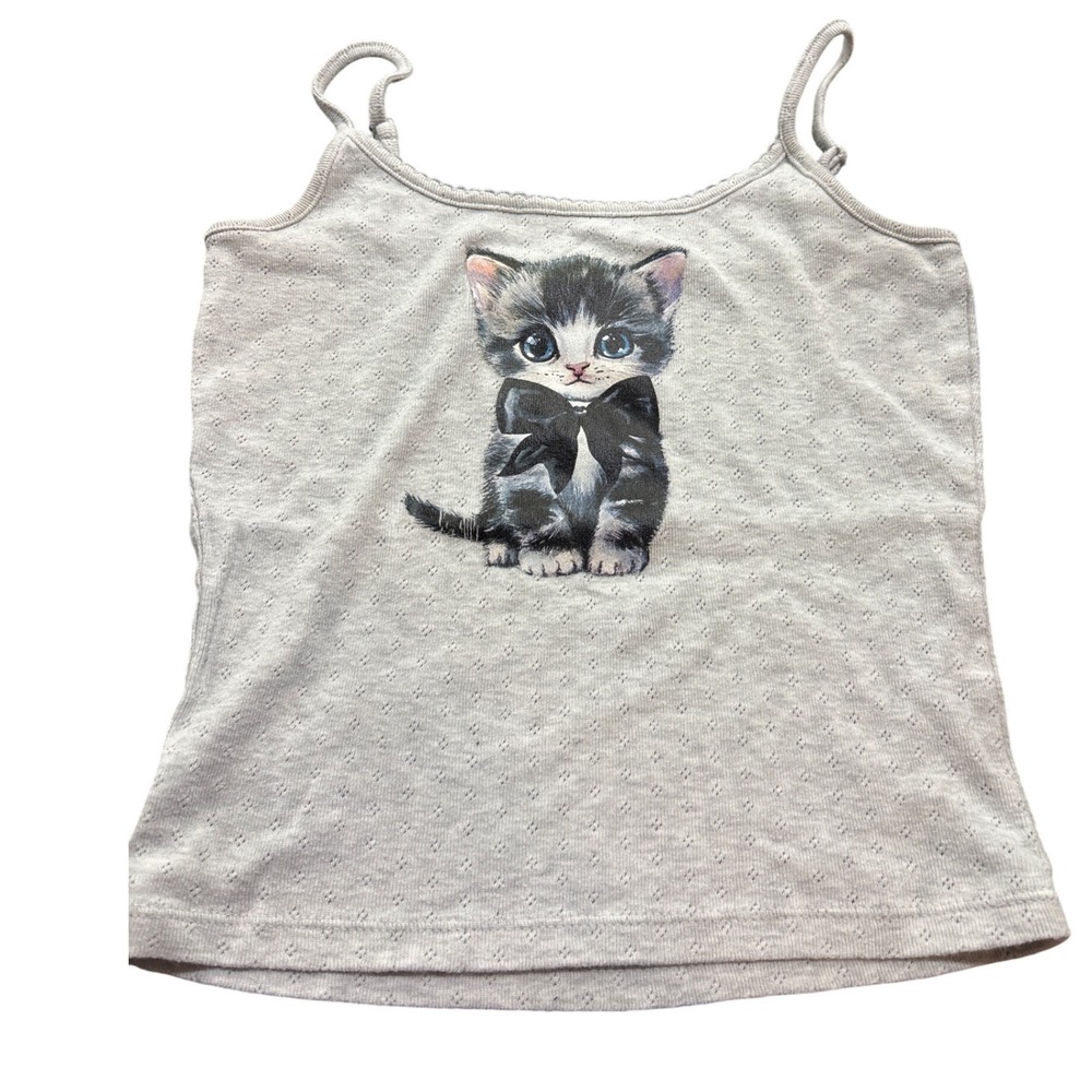 Vintage Style Gray Pointelle Kitten Graphic Camisole Tank Top Bow Detail